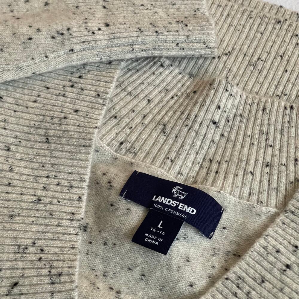 Lands’ End Women’s Large 100% Cashmere V-Neck Sweater Cream Flecked Size 14-16